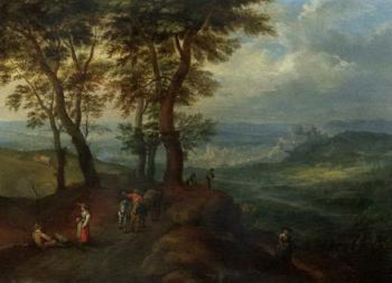 Wooded landscape with peasants on path, town beyond by Jan Brueghel the Younger