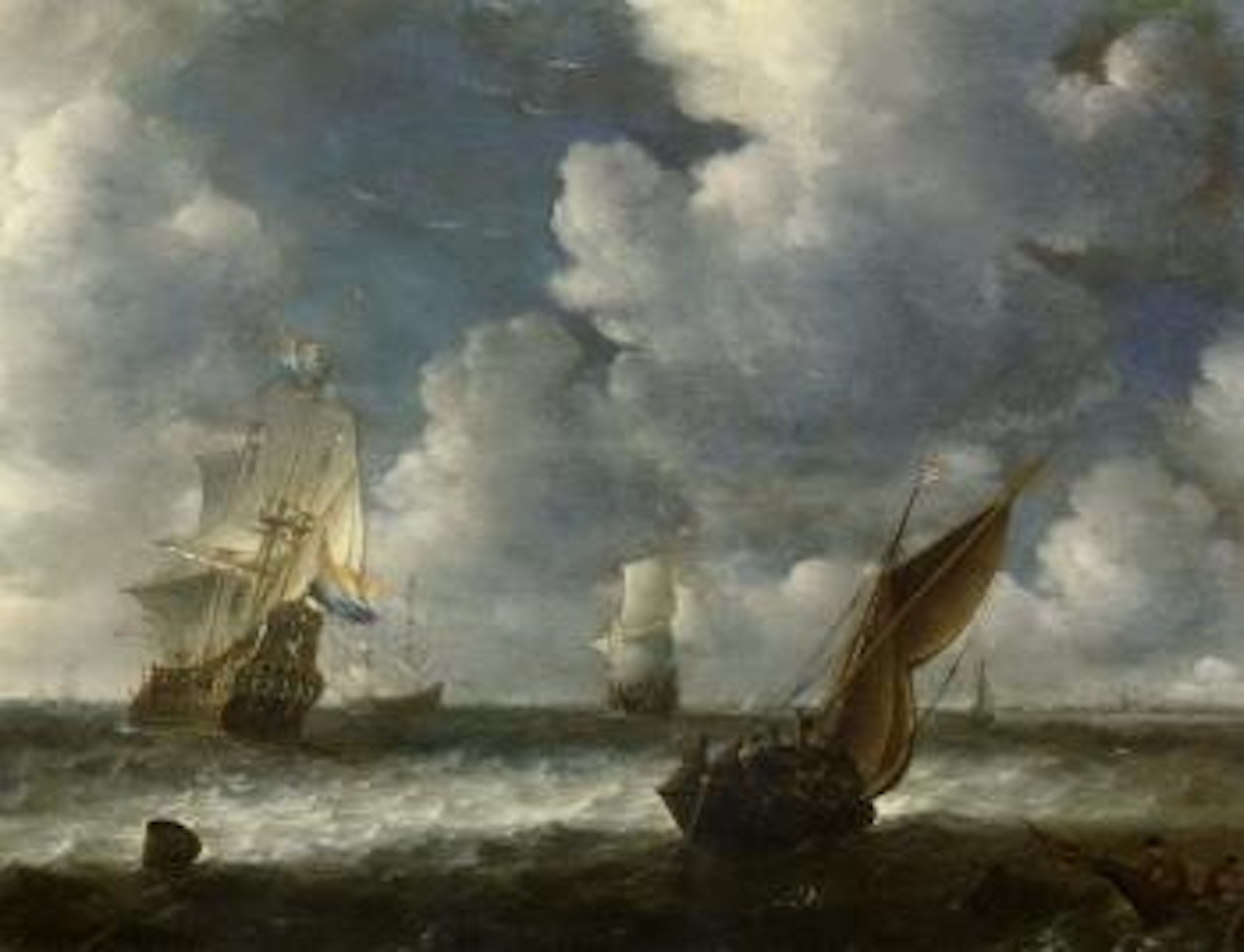 Dutch kaag in stiff breeze, men-o'-war beyond by Abraham van Beijeren