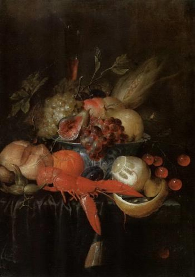 Grapes, pears, peaches, cherries, corn cob, crayfish, wine by Jan Pauwel Gillemans