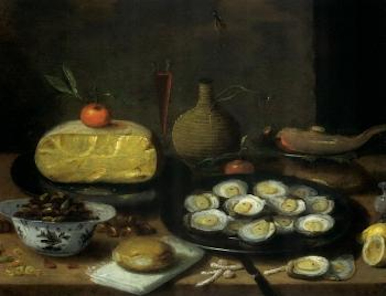 Breakfast still life, oysters, half cheese, bread, nuts by Jan Van Kessel The Elder