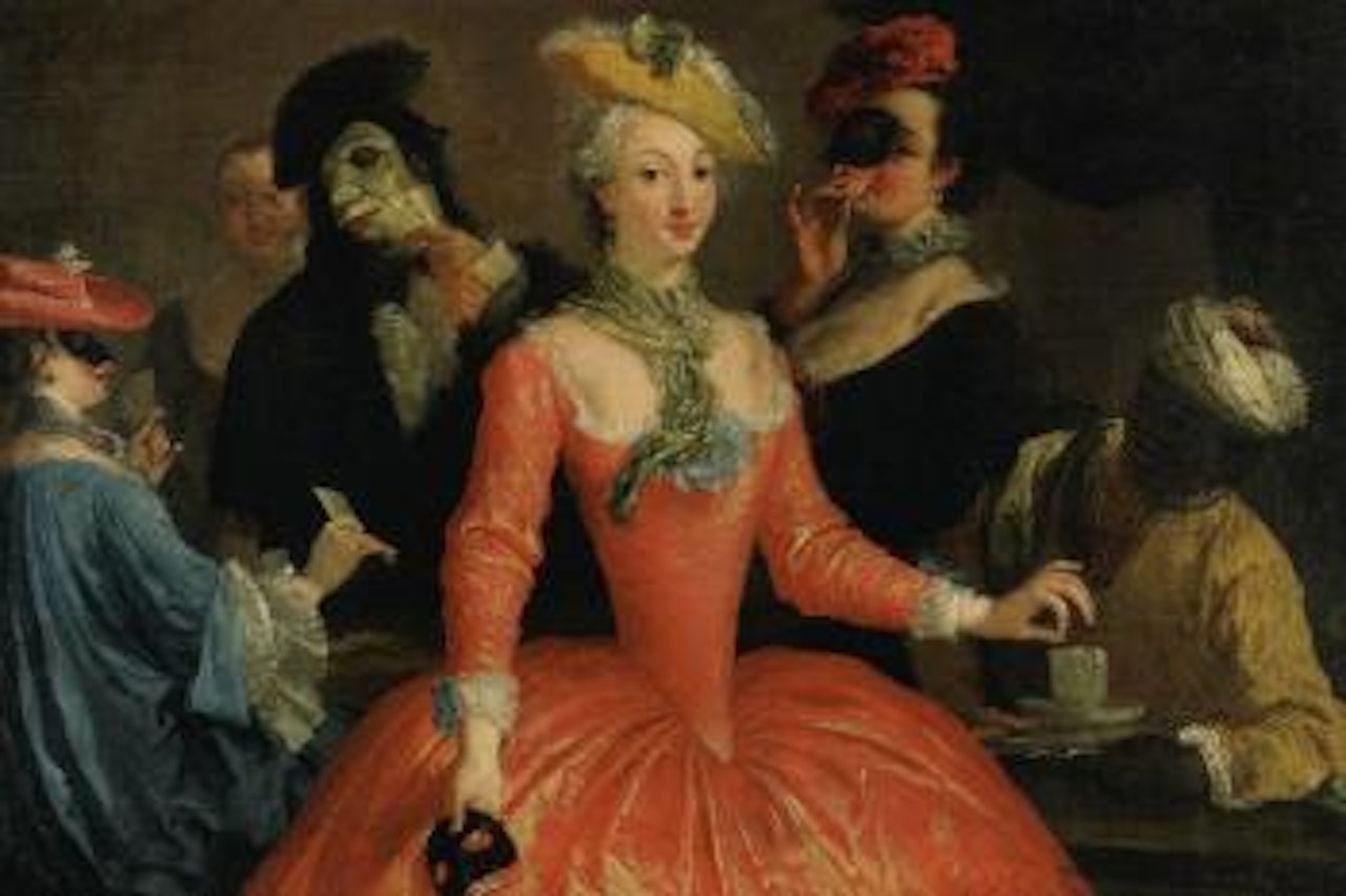 Elegant company in masque costume taking coffee by Pietro Longhi