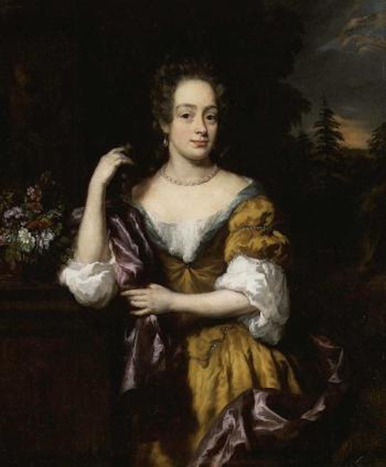 Portrait of lady in brown dress, purple mantle by Nicolaes Maes