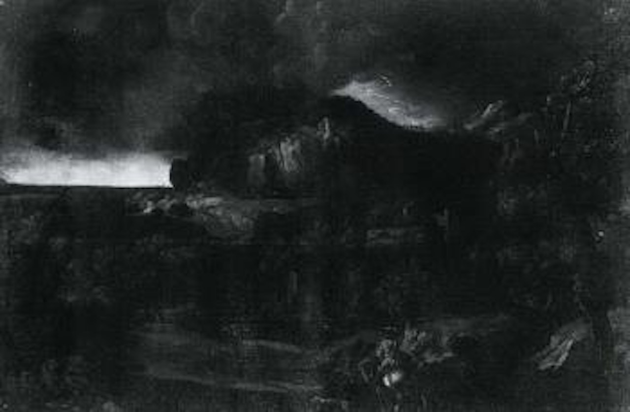 Huntsmen in landscape by Roman School