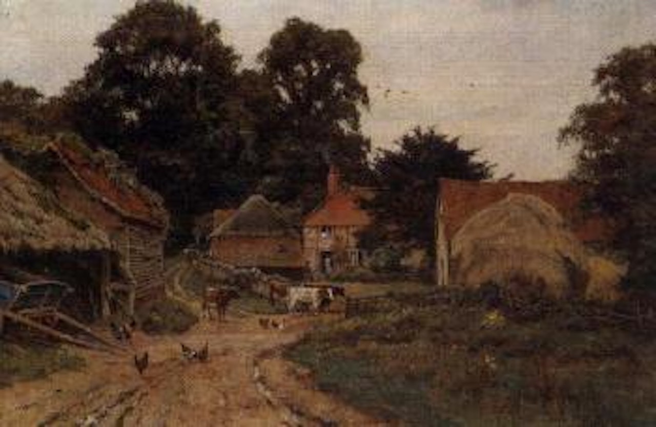 Cattle entering Surrey farmyard. Cattle grazing on banks by Edward Wilkins Waite