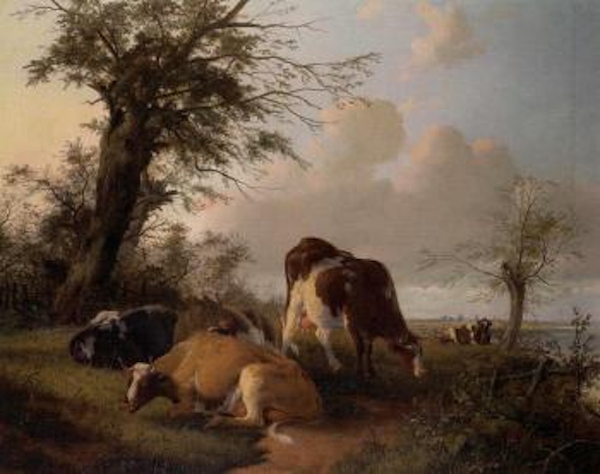 Cattle grazing on banks of river, town beyond by Thomas Sidney Cooper