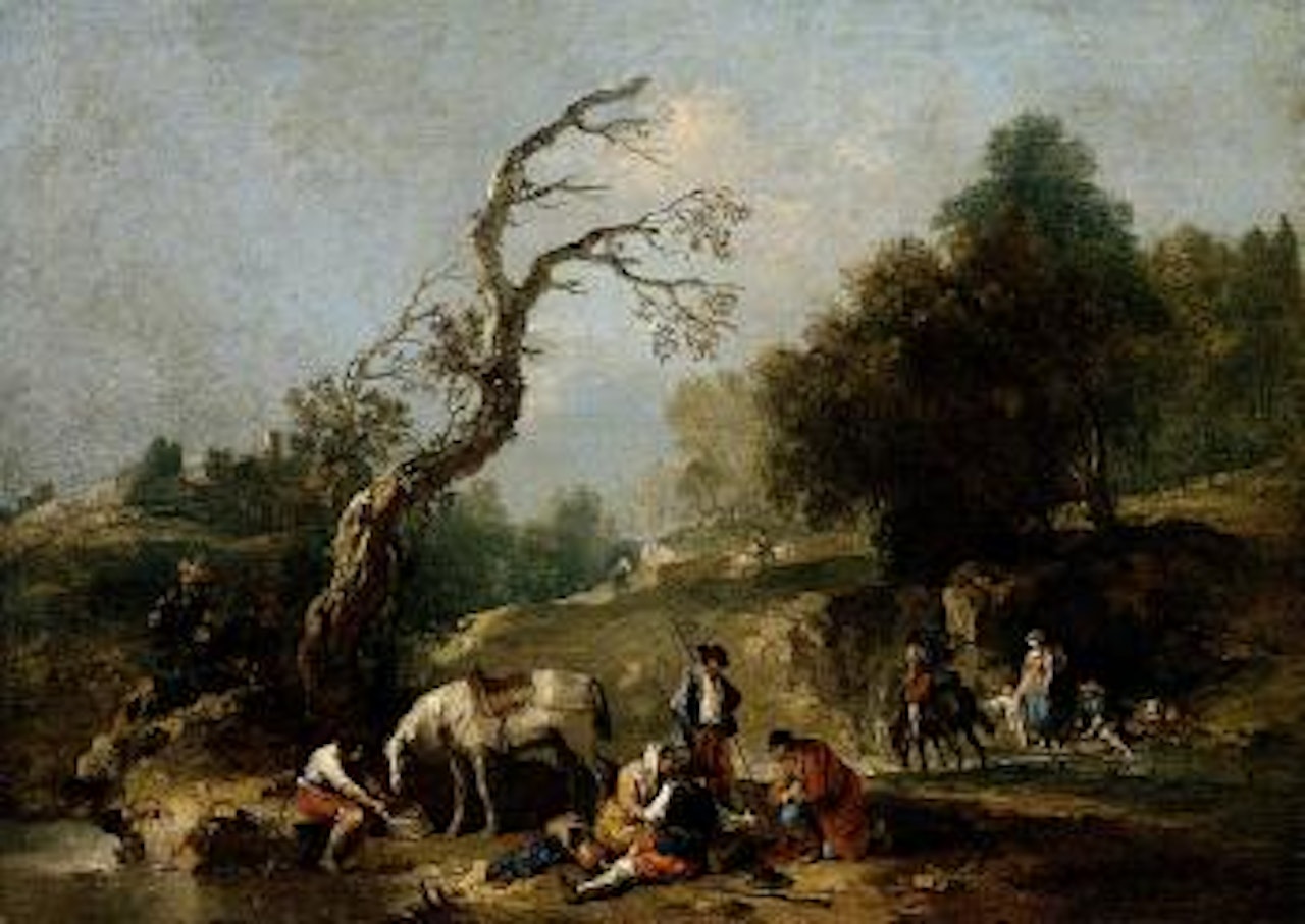 River landscape with figures resting and horses at watering-hole by Francesco Zuccarelli