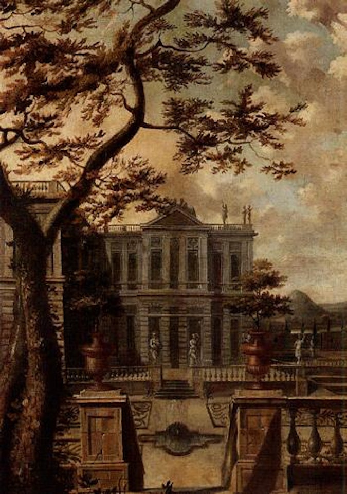 View of Palladian villan set within formal gardens by Isaac de Moucheron