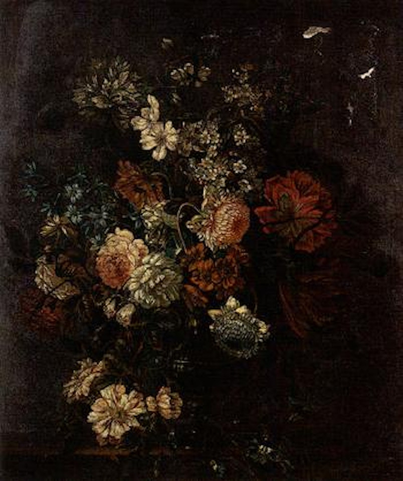 Still life of flowers in glass vase upon stone plinth by Jean Baptiste Monnoyer