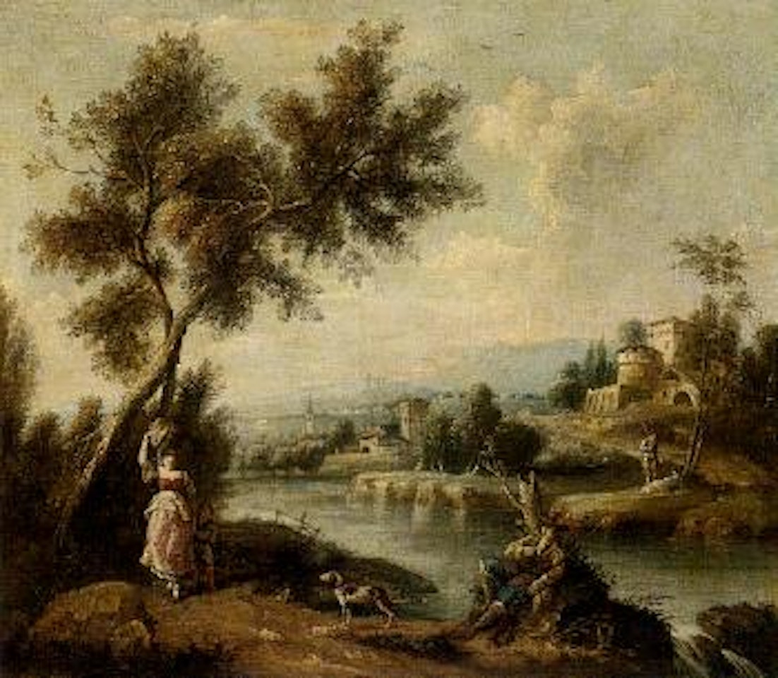 Italianate river landscape with huntsman resting on riverbank by Francesco Zuccarelli