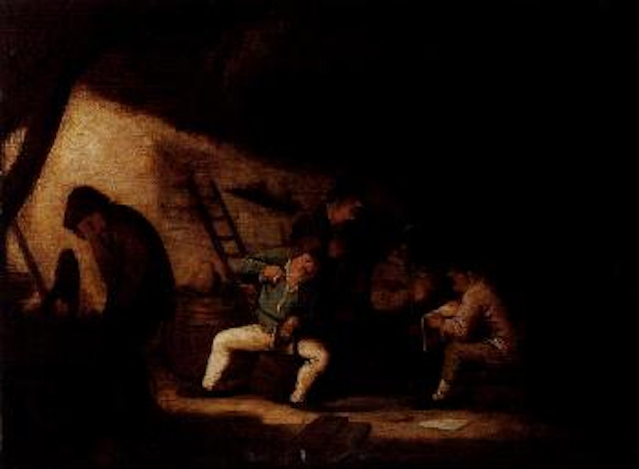 Boors smoking and drinking in interior by Adriaen van Ostade