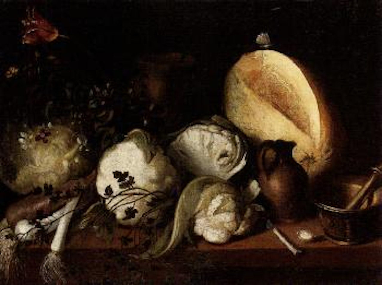 Still life of vegetable, garlic, flowers, knife and stoneware jug by Antonio de Pereda