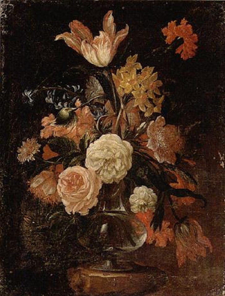 Still life of roses and other flowers in glass vases upon stone ledges by Abraham Brueghel
