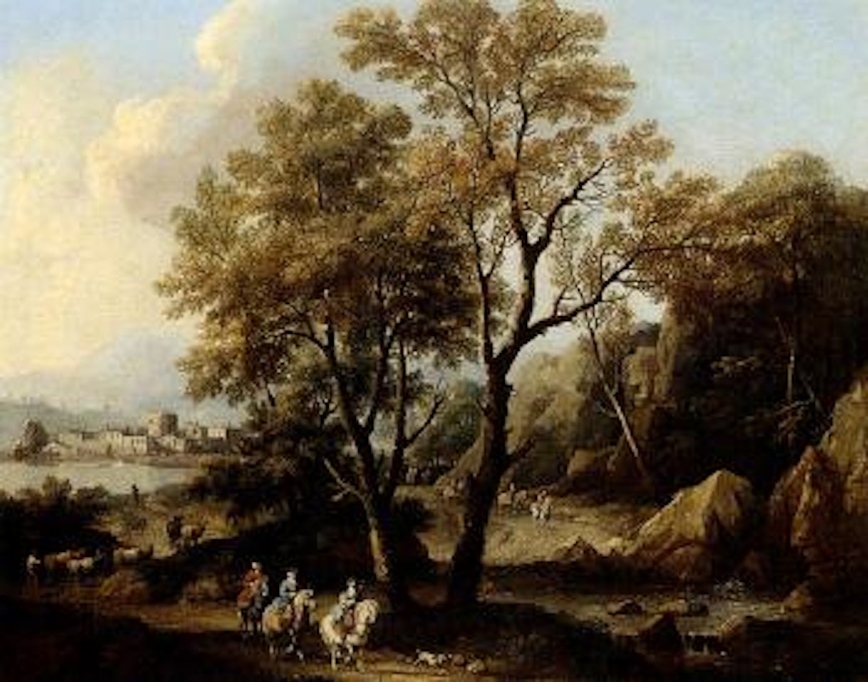 River landscape with elegant figures riding on horsebank by Giovanni Battista Cimaroli