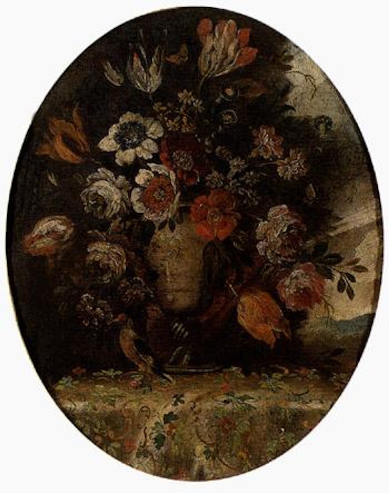 Still life of flowers in urn on draped ledge by Italian School