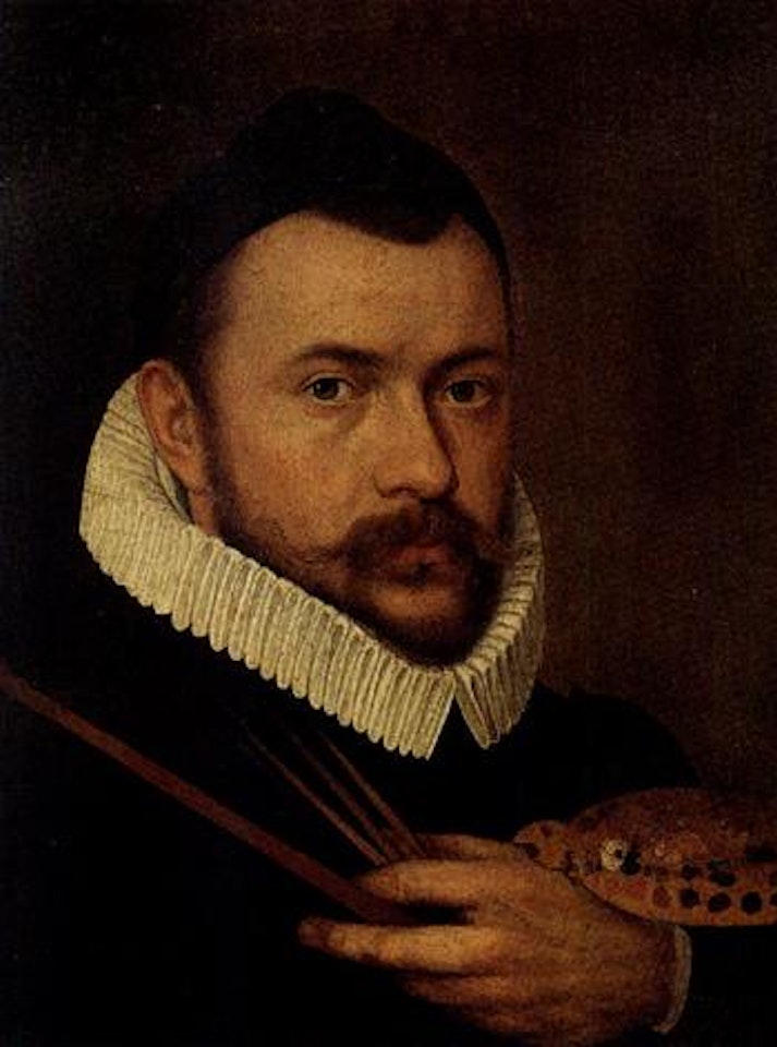 Portrait of artist wearing black and holding a palette by BOLOGNESE SCHOOL
