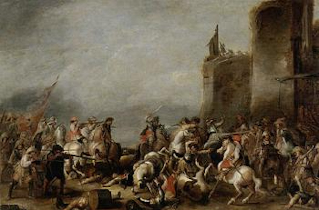 Cavalry engagement outside fortified town by Cornelis de Wael