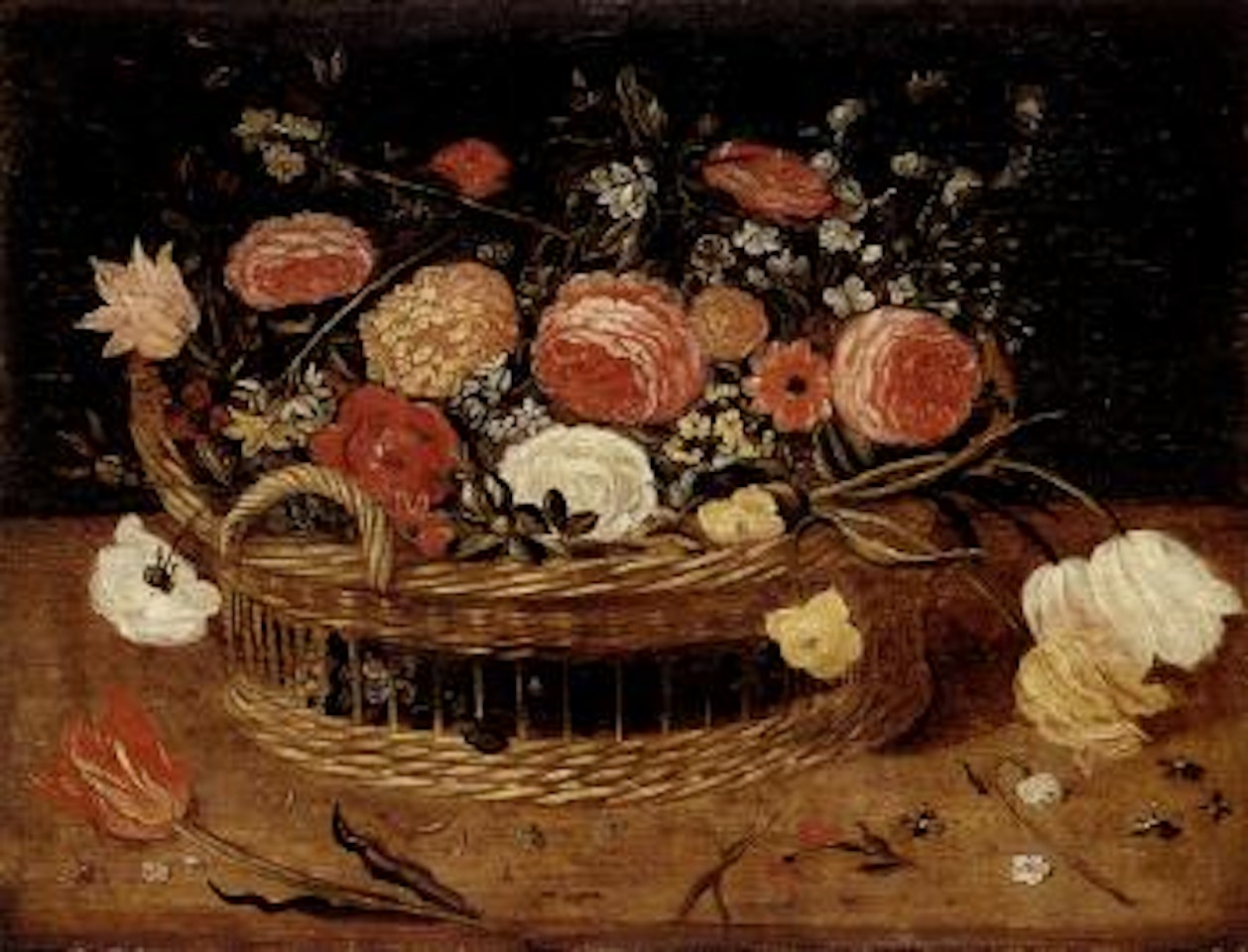 Still life with roses, tulips and other flowers in basket by Jan Brueghel the Younger