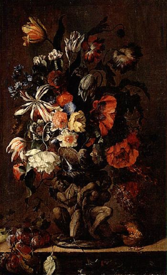 Still lifes of flowers in urns with fruit upon stone ledges by French School