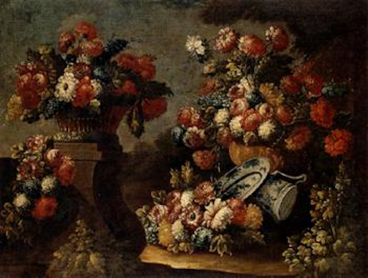 Still life with various flowers in basket and vase by Gasparo Lopez