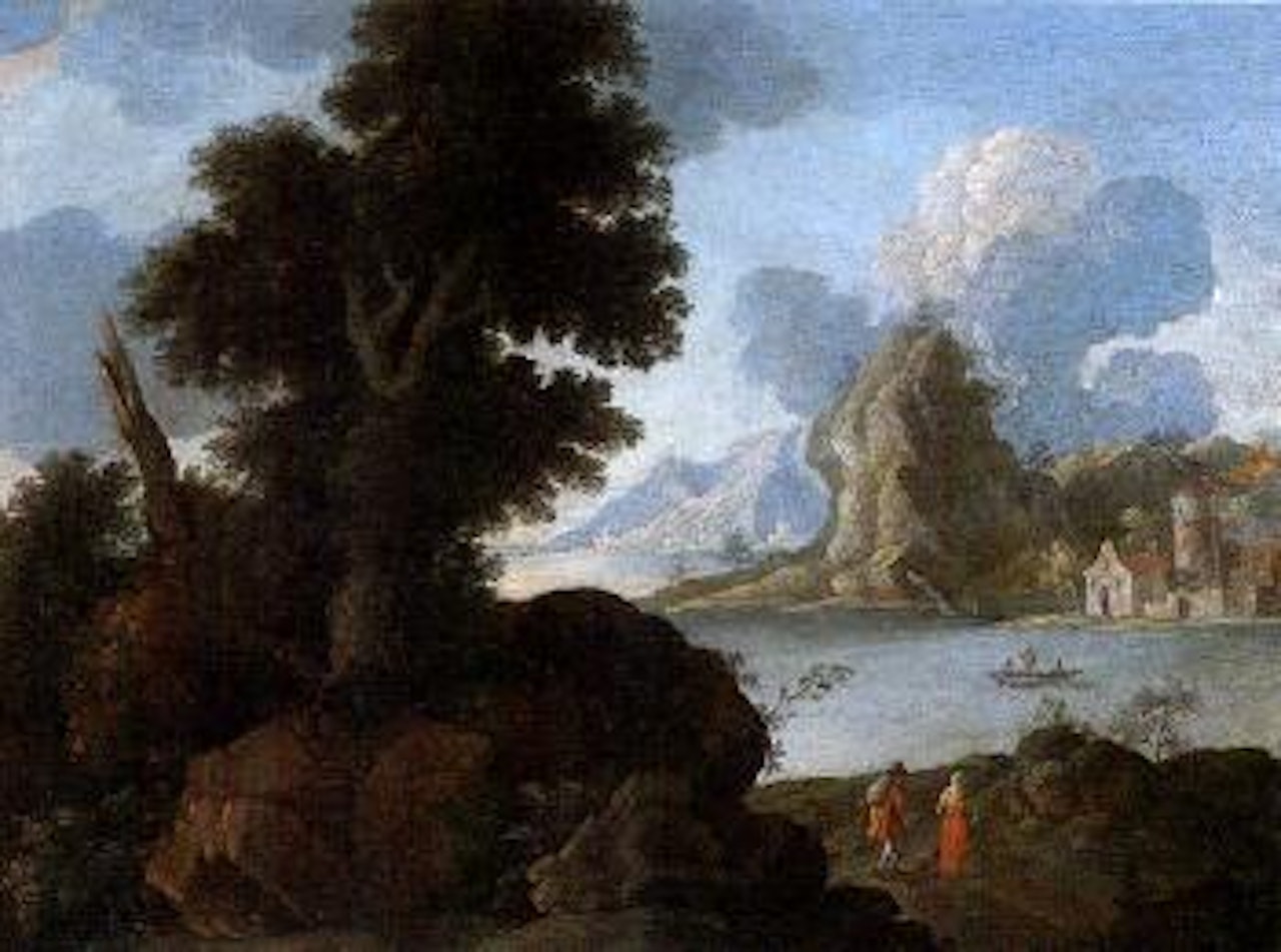 Mountainous coastal landscape with travellers on path by Paul Bril