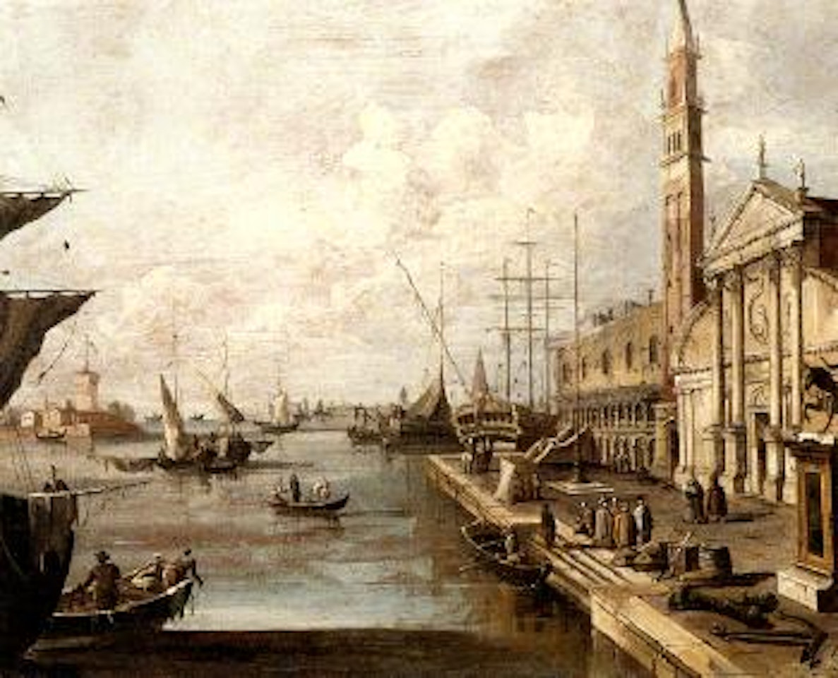 Architectural capriccio on Venetian lagoon with equestrian statue by Canaletto