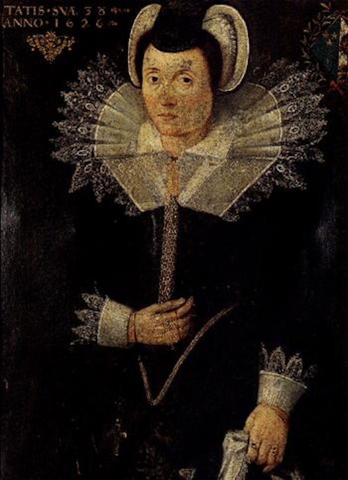 Portrait of lady wearing black and charges with sitter's coats of arms by Dutch School