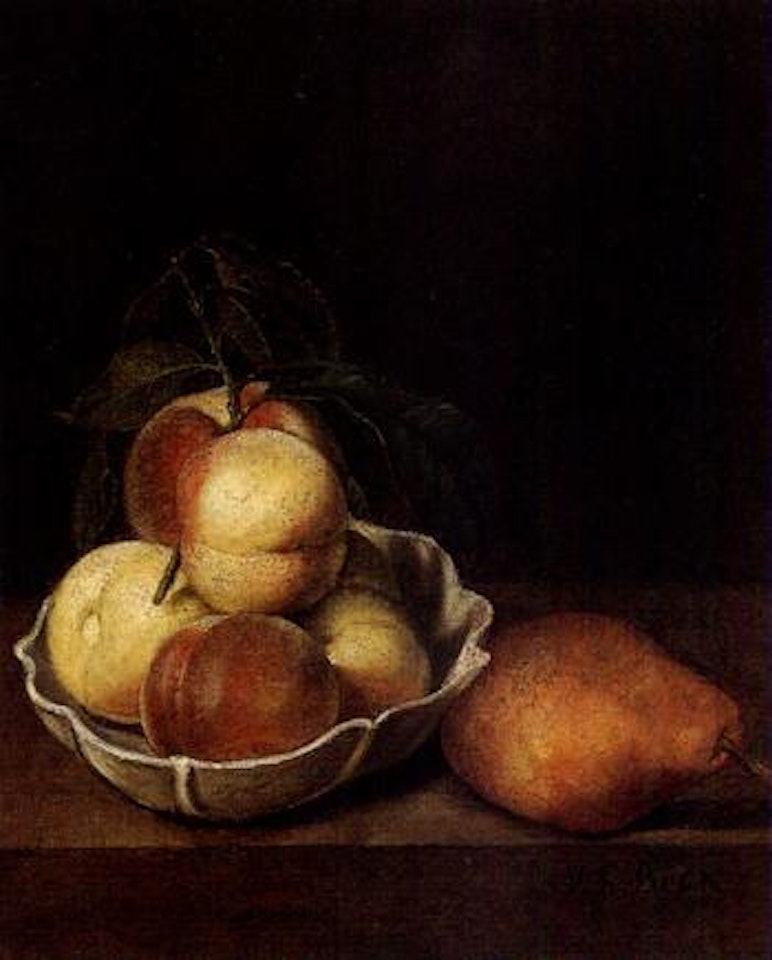 Still life of pear and peaches in white porcelain bowl on table by French School