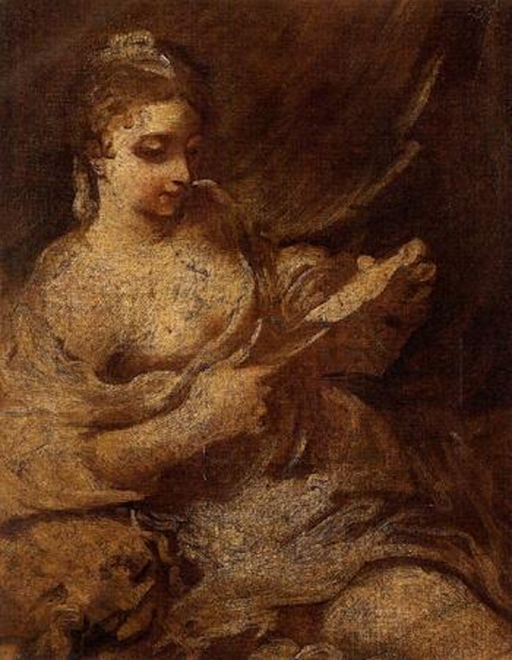 Young girl reading letter in state of undress by Italian School