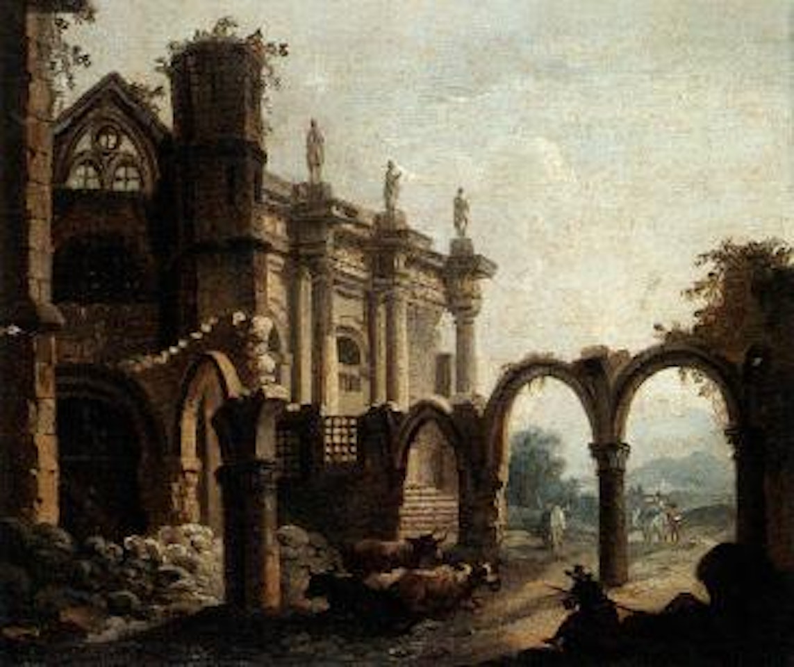Herdsman and cattle resting before ruined cloister by Pierre Antoine Demachy