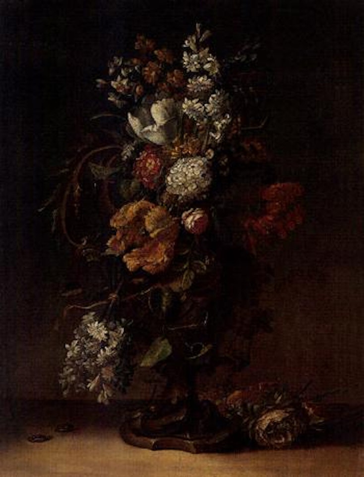 Still life of tulips, roses and other flowers in vase with beetles by Spanish School