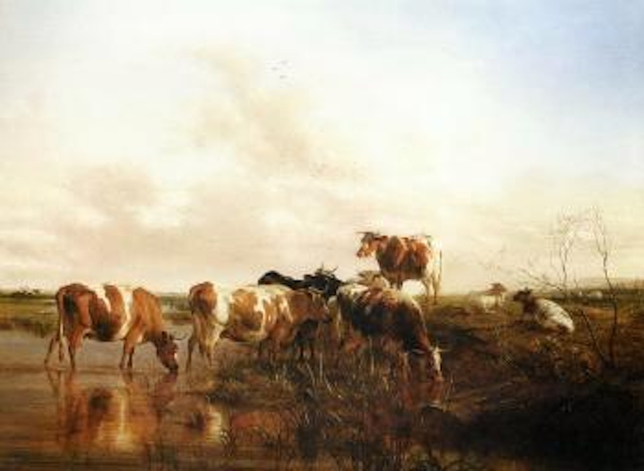 At Harbledown, Kent with cows and sheep by pond by Thomas Sidney Cooper