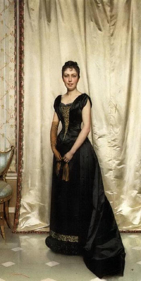 Young lady in elegant black gown, holding brown glove by Frédéric Soulacroix