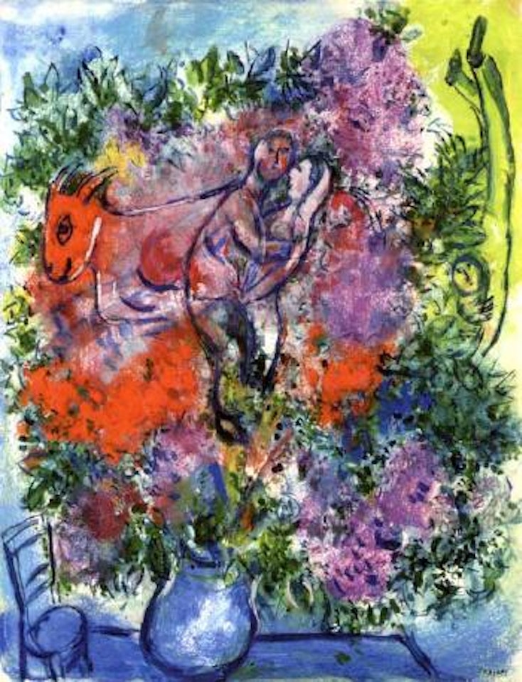 Amoureux et bouc dans les fleurs by Marc Chagall