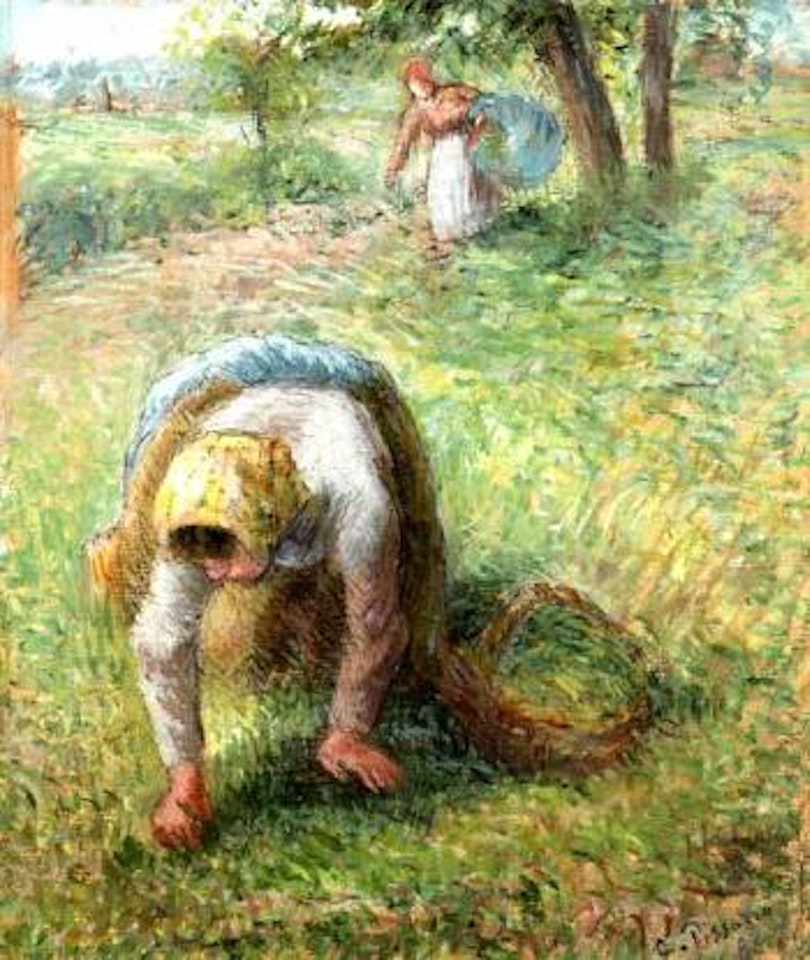 Paysannes ramassant de l'herbe by Camille Pissarro