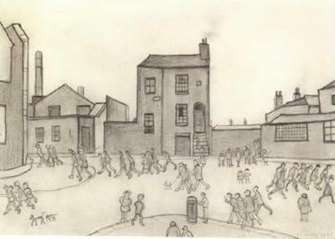 Old house behind Piccadilly, Manchester, with crowds and three dogs by Laurence Stephen Lowry