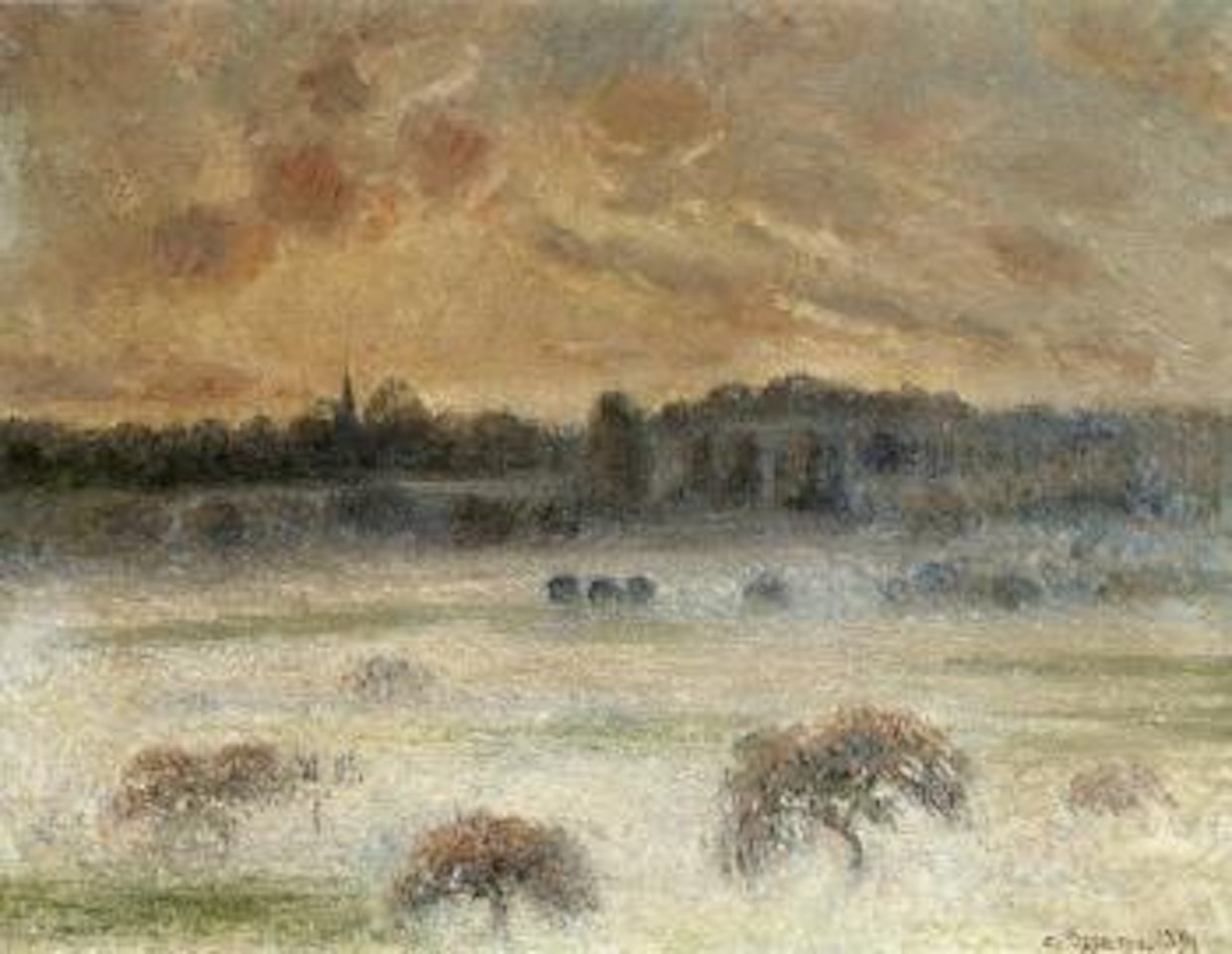 Soleil couchant avec brouillard, Eragny by Camille Pissarro