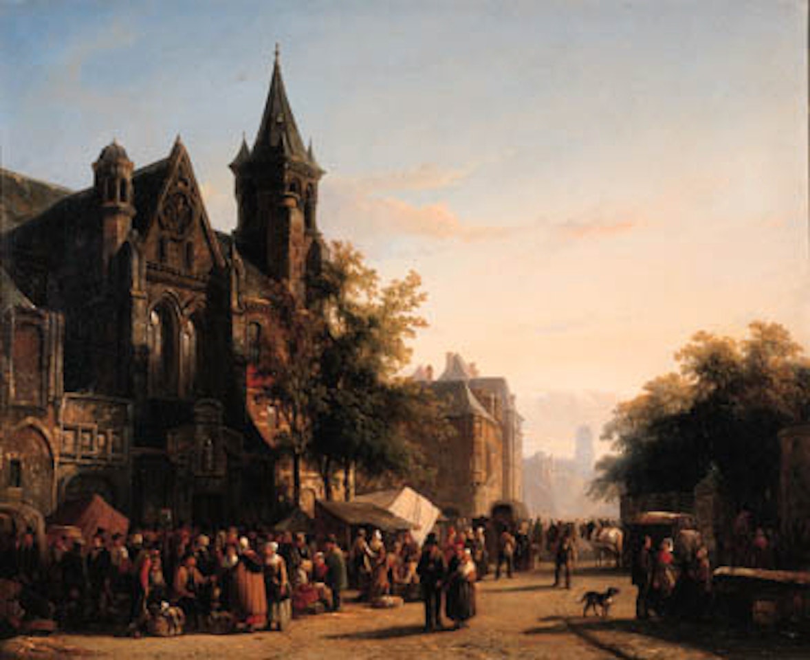 Numerous townsfolk at market on church square by Cornelis Springer