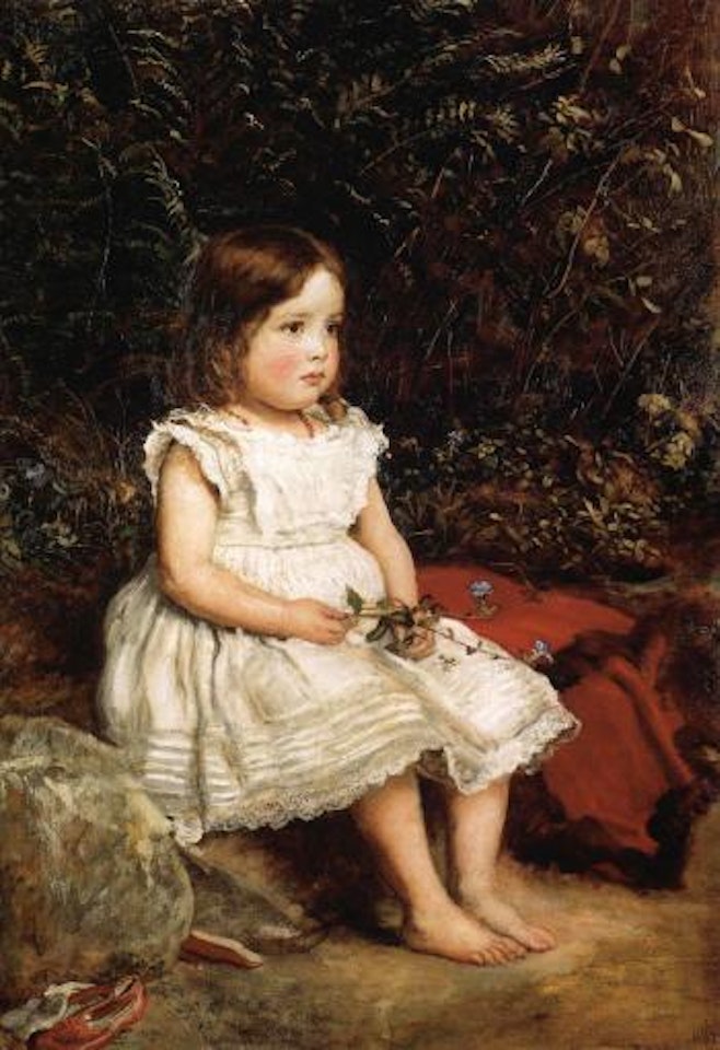 Portrait of Eveline Lees as a child, seated by a bank wearing white dress by John Everett Millais