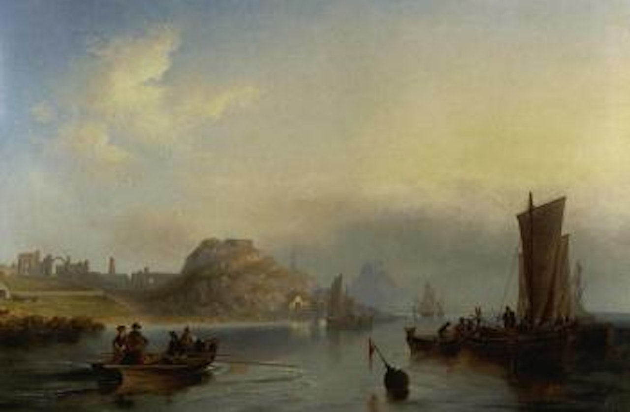 Fishing boats off Holy Island, Northumberland with Lindisfarne Abby and castle by John Wilson Carmichael