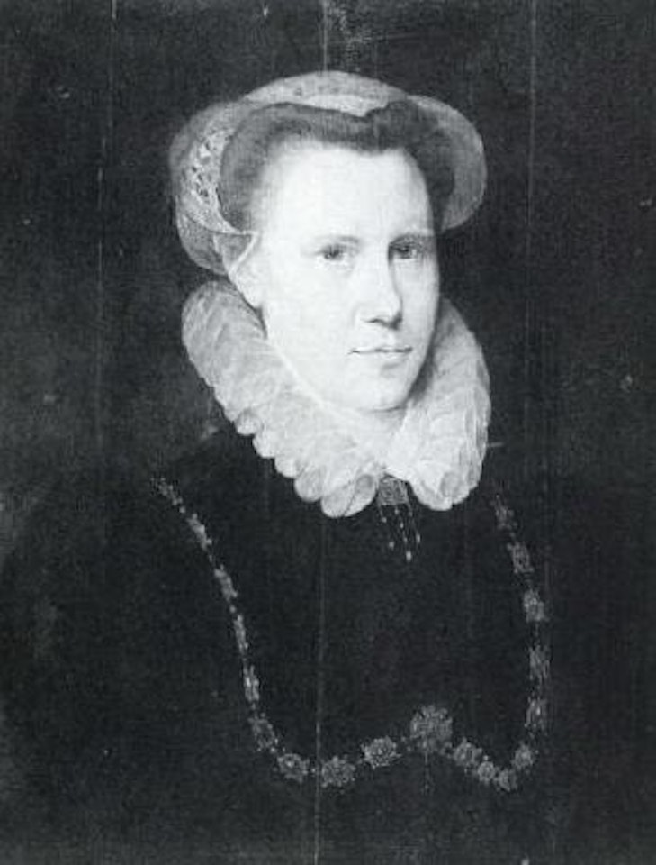 Portrait of a lady, wearing black dress with ruff and gold chain encrusted with stones by Adriaen Thomas Key