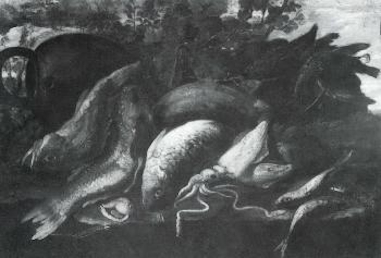 Still life of fish, squid and other sea-life and vessel behind by Giuseppe Recco