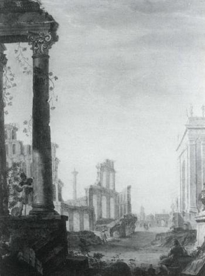 Capriccio view with the Colosseum, Trajan's column and classical figures by Pierre Antoine Demachy
