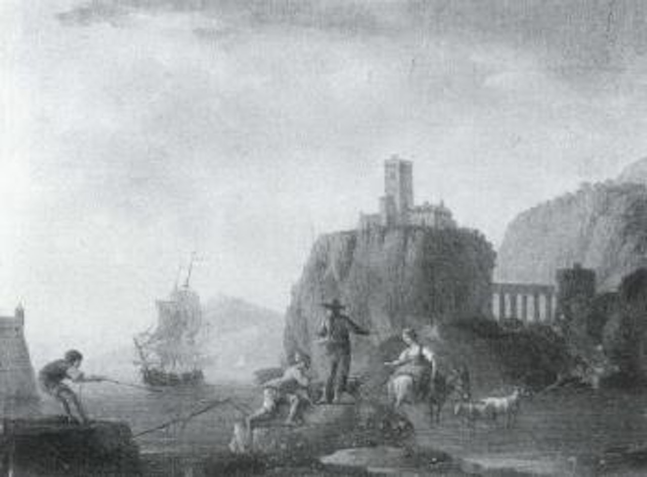 Peasant watering his cattle. Fishermen and animals watering on a rocky coastline by Claude Joseph Vernet