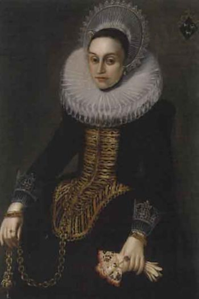 Portrait of lady in black dress with gold stomacher by Paulus Moreelse