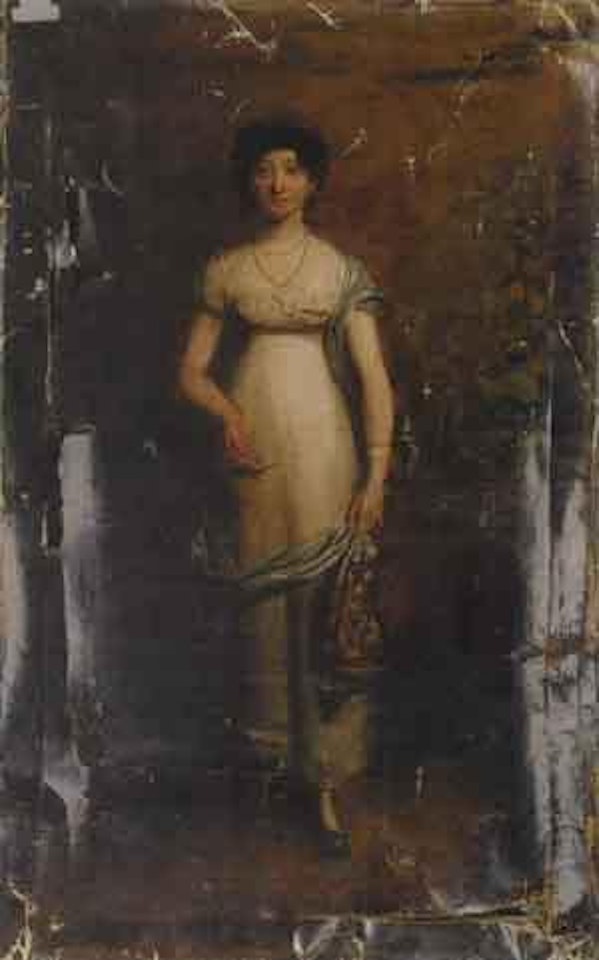 Portrait of lady in white dress and blue shawl by George Chinnery