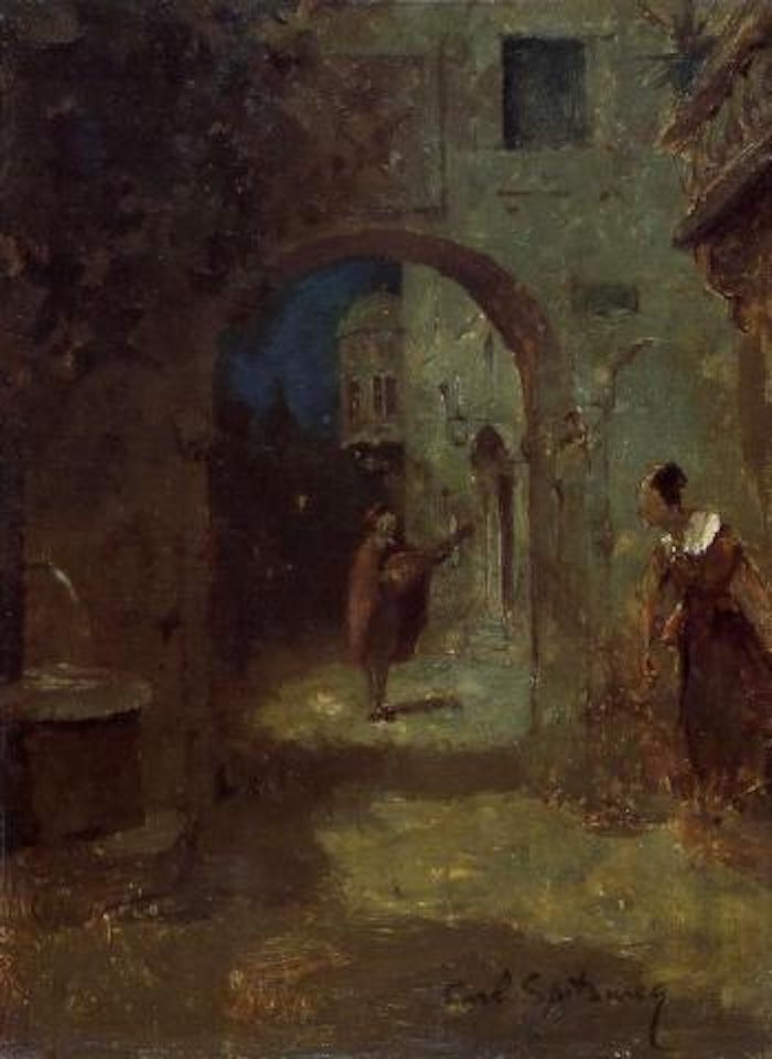 Young man serenading young lady listening behind arch by Carl Spitzweg