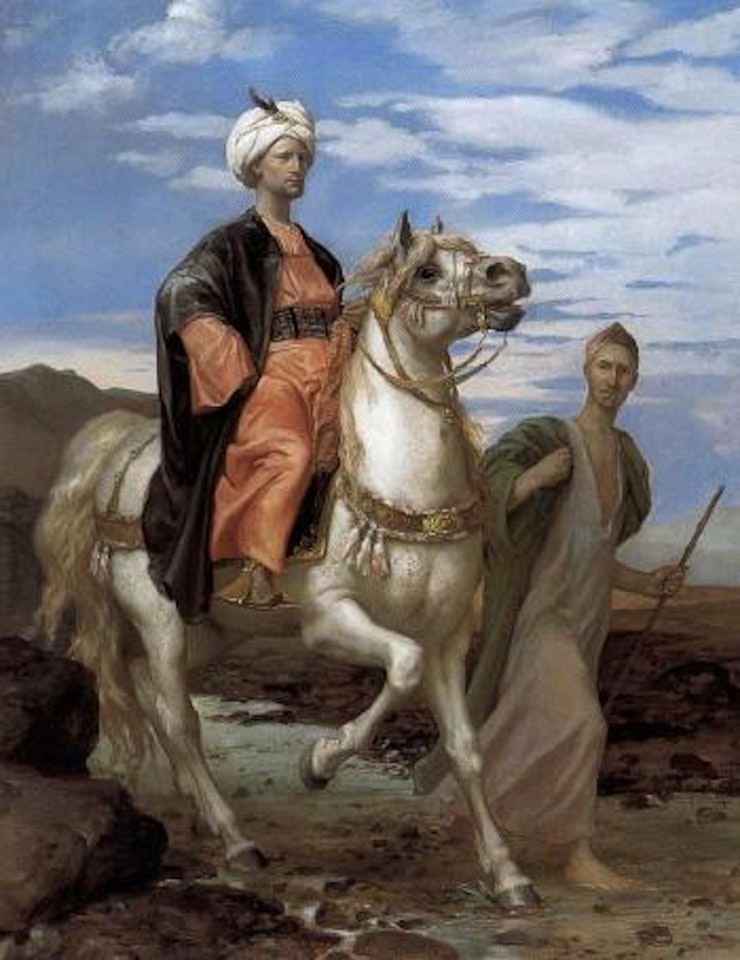 Oriental lord on white horse, servant walking beside him by Alfred de Dreux