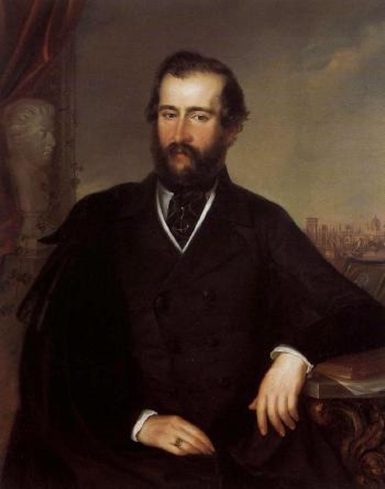 Portrait of gentleman seated in window, view of London beyond by English School