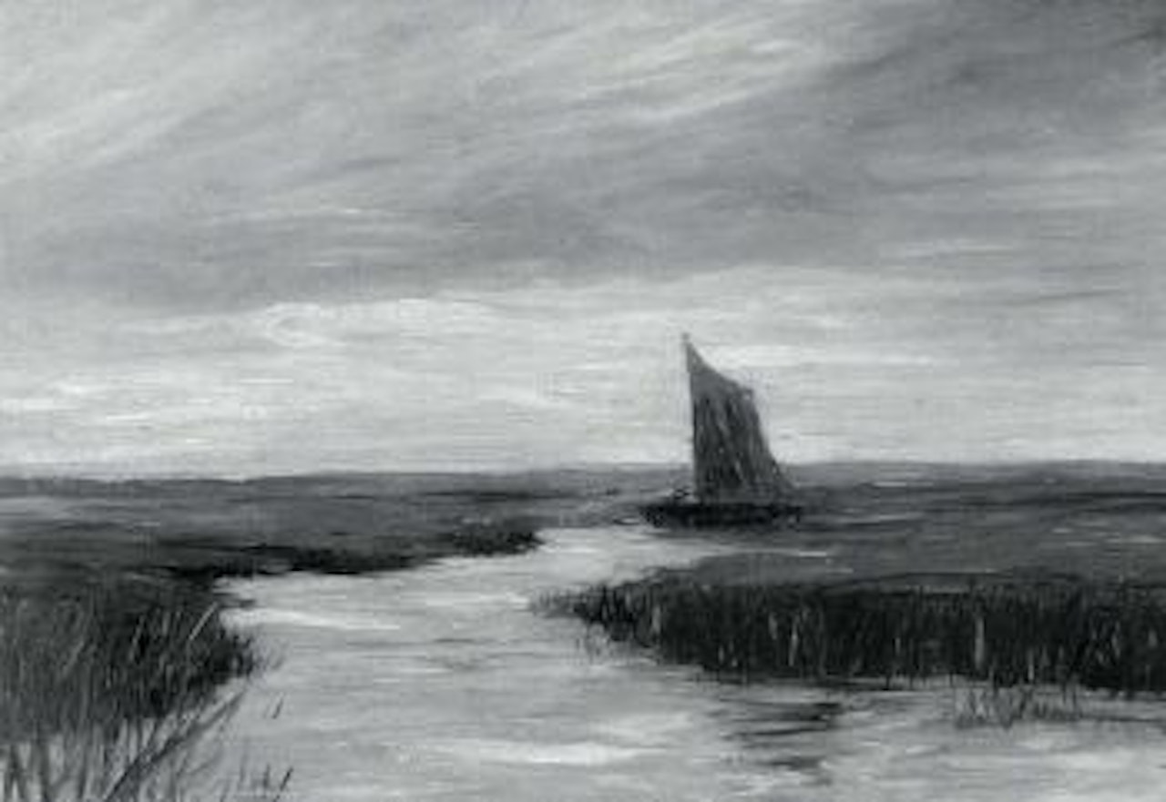 Evening river landscape with boat digging for peat by Hans am Ende