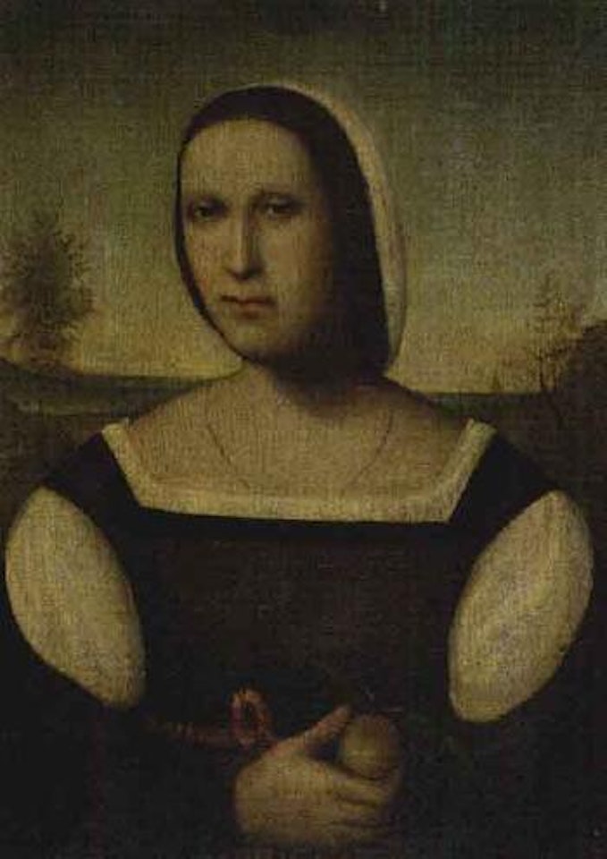 Portrait of lady holding apple, landscape beyond by Italian School